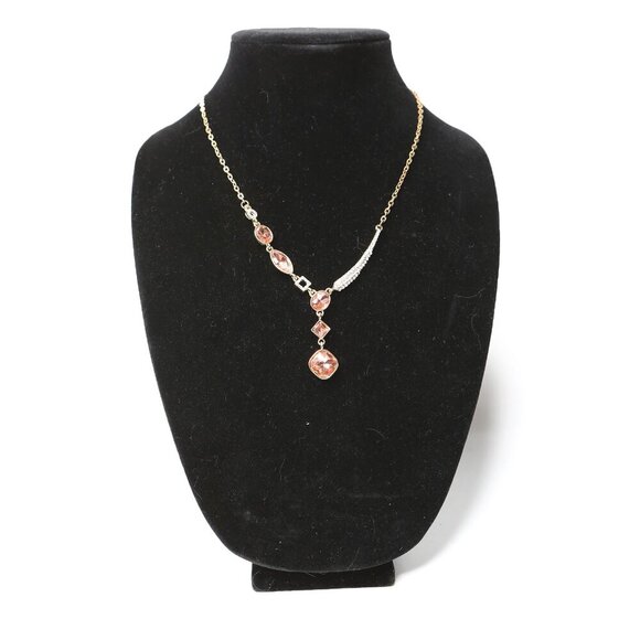 Gold Tone Pendant Necklace Rhinestone Pink Gems Asymmetrical Fashion Jewelry - Picture 7 of 10